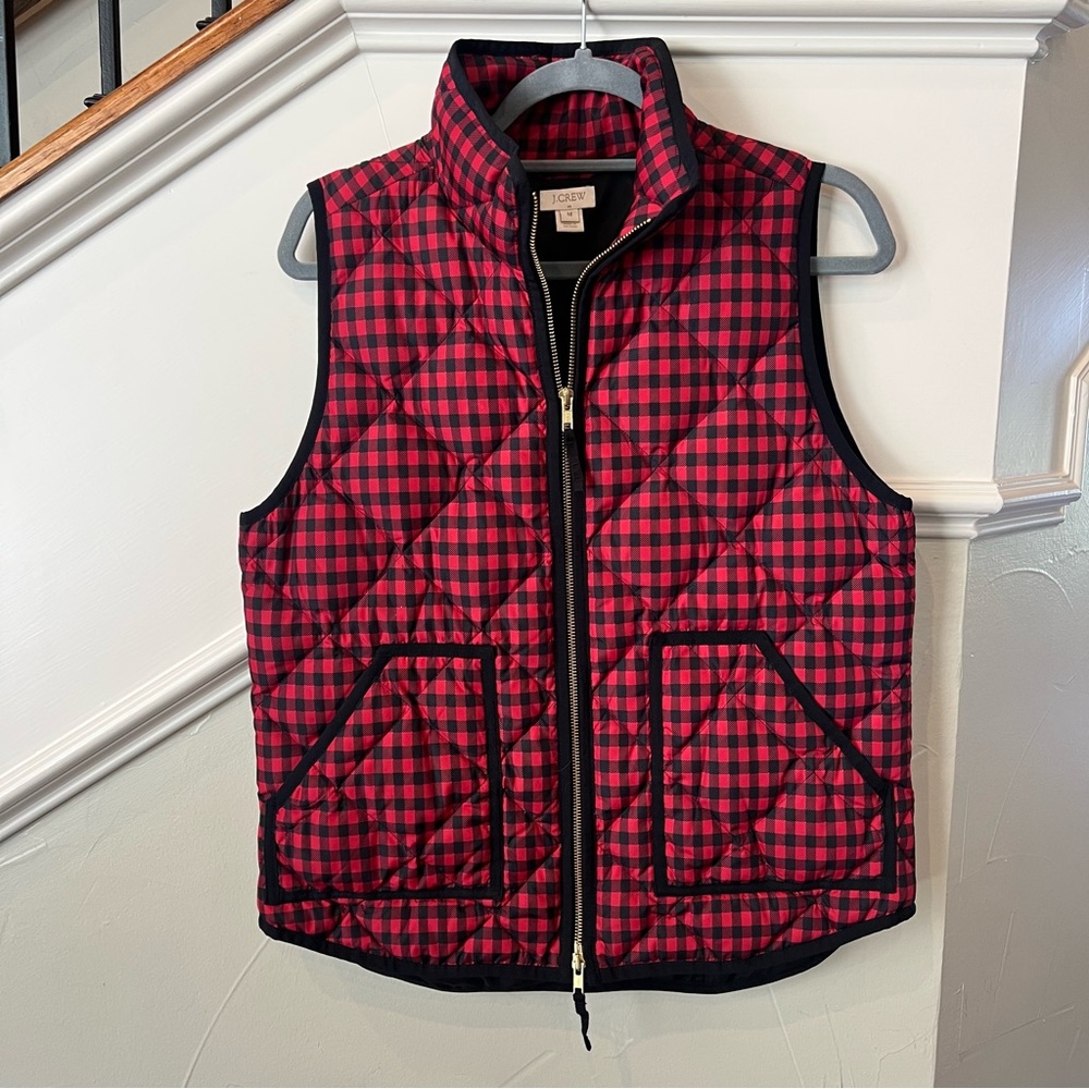 J. Crew Quilted Plaid Excursion Puffer Vest Red Buffalo Check